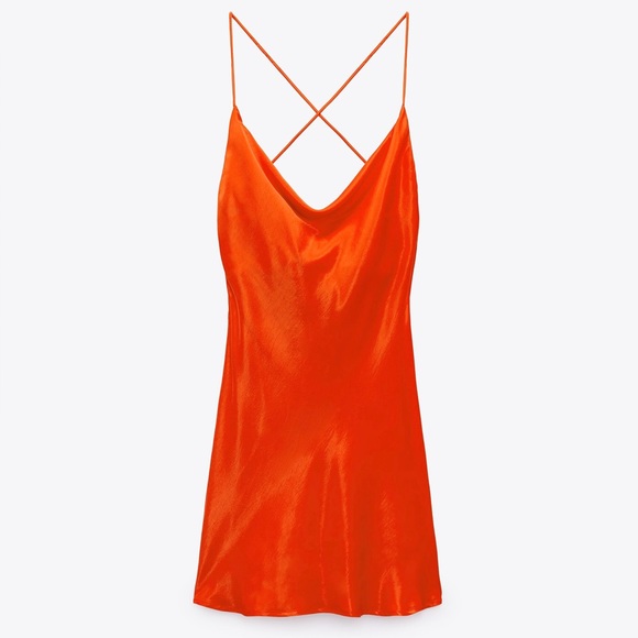 Zara | Dresses | Zara Satin Effect Red Orange Mini Open Back Slip Dress ...